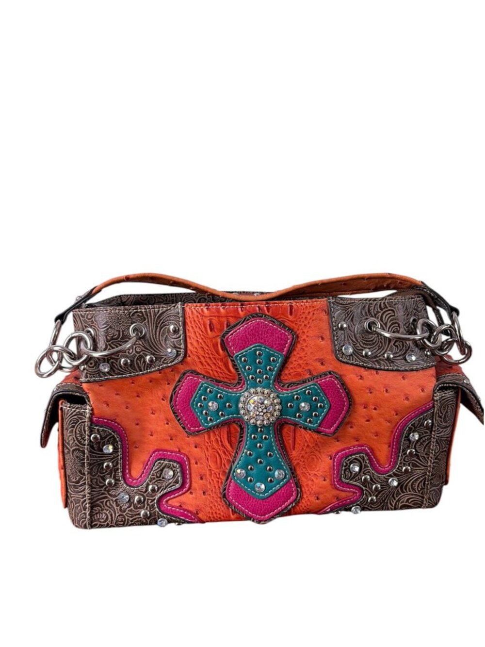 Vintage Blazin Roxx Cowgirl Purse Orange Pink Turquoise Rhinestone Cross - Picture 9 of 16